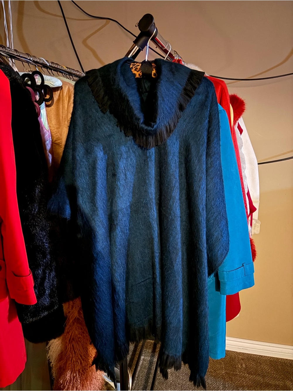 Pocoloco Women’s Teal Fringe Trim Cozy Poncho